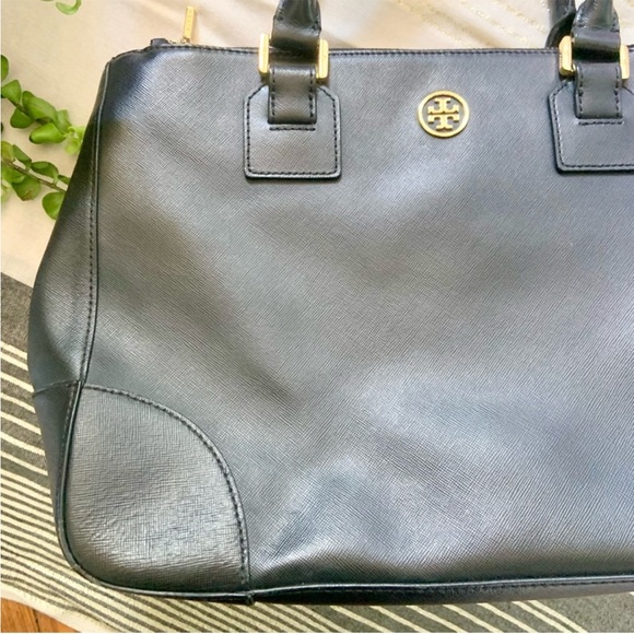 Tory Burch Robinson Double Zipper Black Leather Tote Bag Top Handle & Strap - Picture 2 of 11